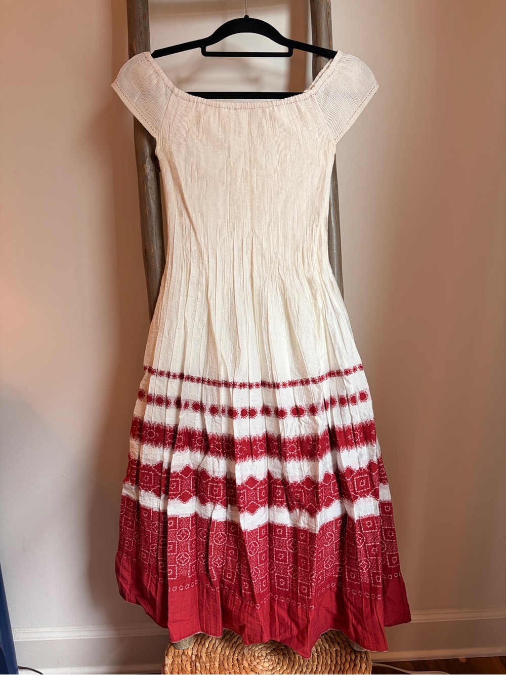 Max Studio White Red Embroidered Smocked Midi Dress M
